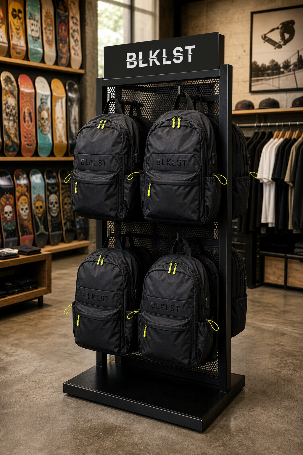 BLKLST backpacks hanging on a POP stand inside a skate shop